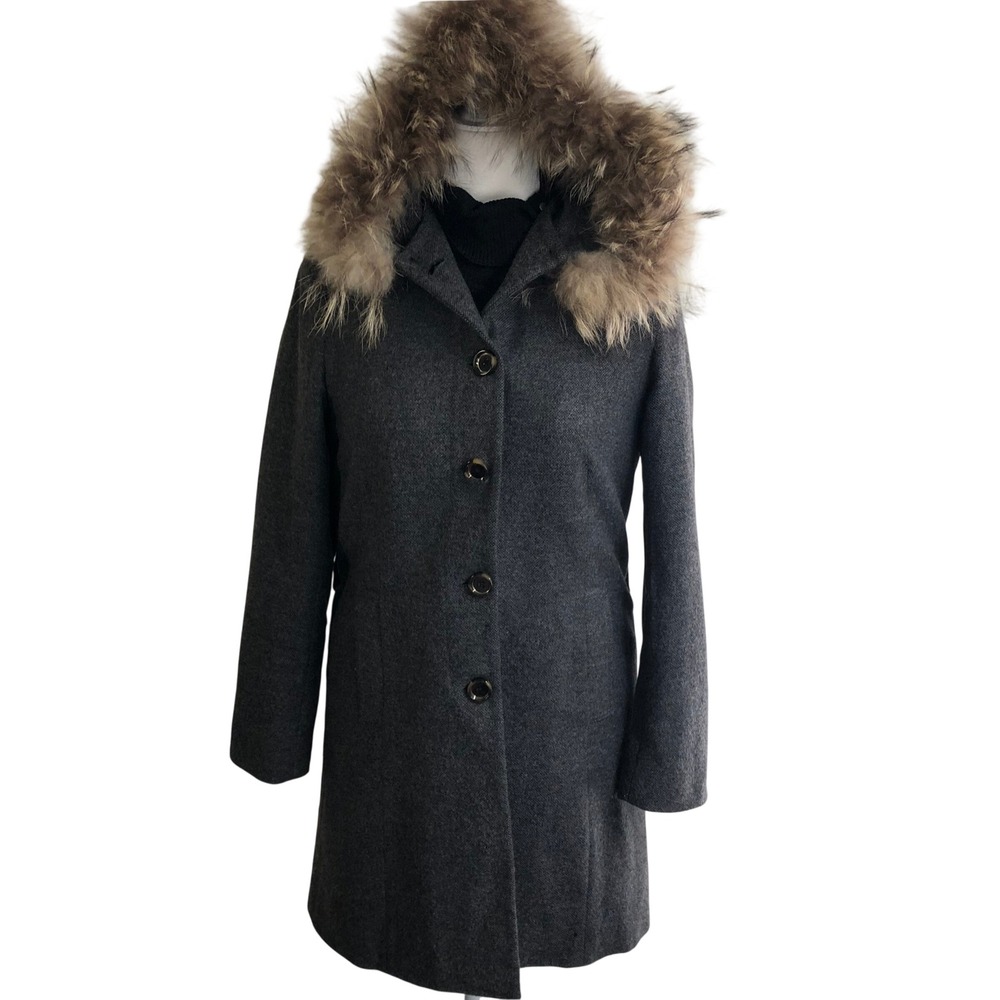 Sandro Paris Wool Blend Winter Coat Raccoon Fur Hood Grey Womens 36 US S / XS